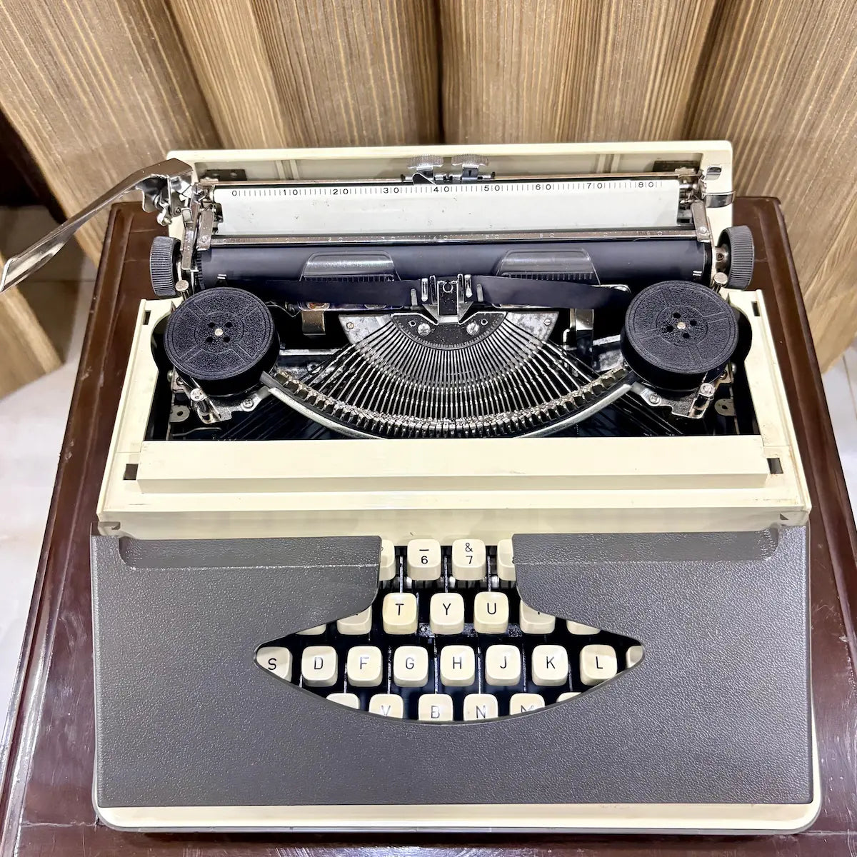 Kovac vintage portable typing machine in factory original grey and white, never typed on and preserved in mint condition | RR Typewriter Mart