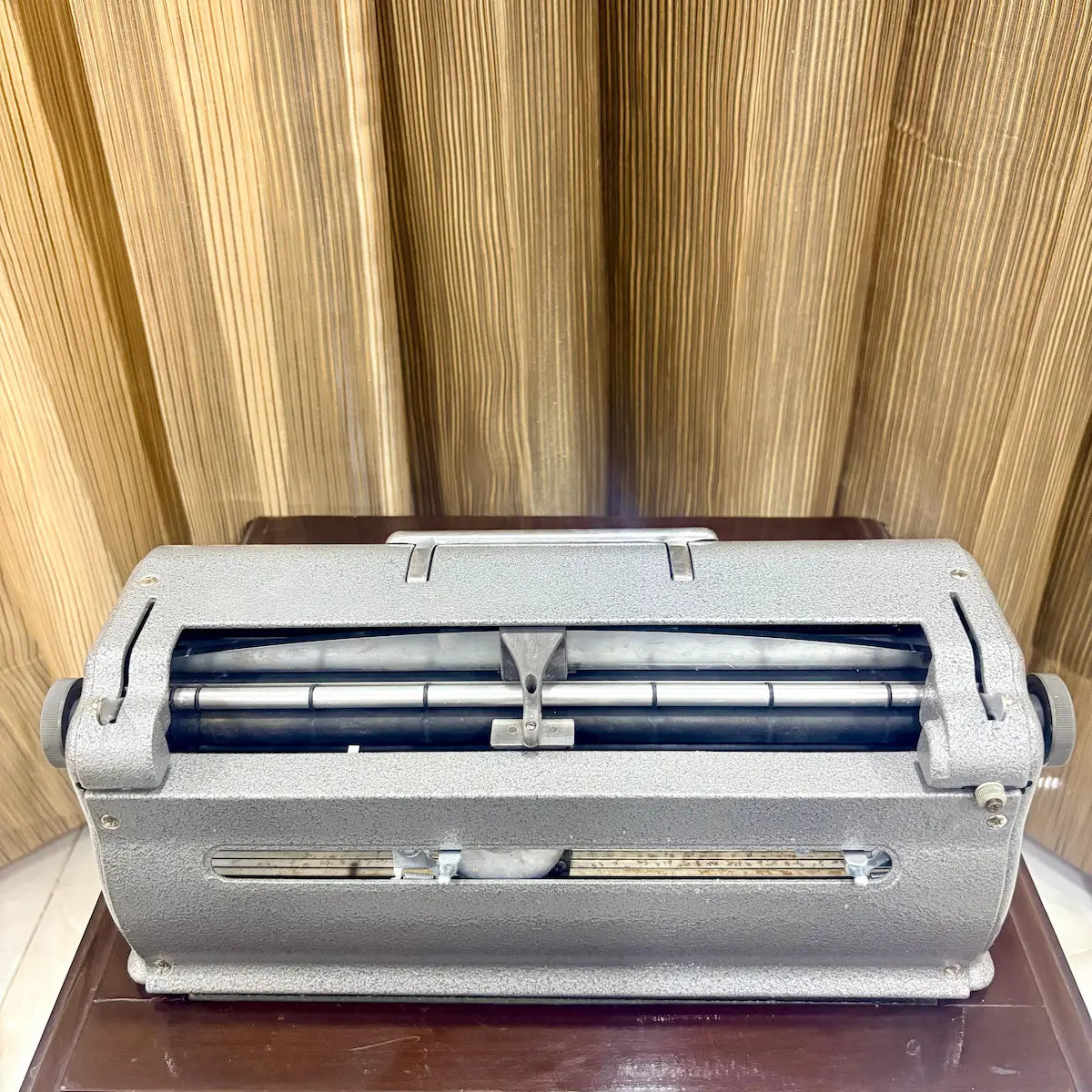 Back close up of the Perkins Braille Typewriter showing six primary keys and central space bar at RR Typewriter Mart for Braille users.
