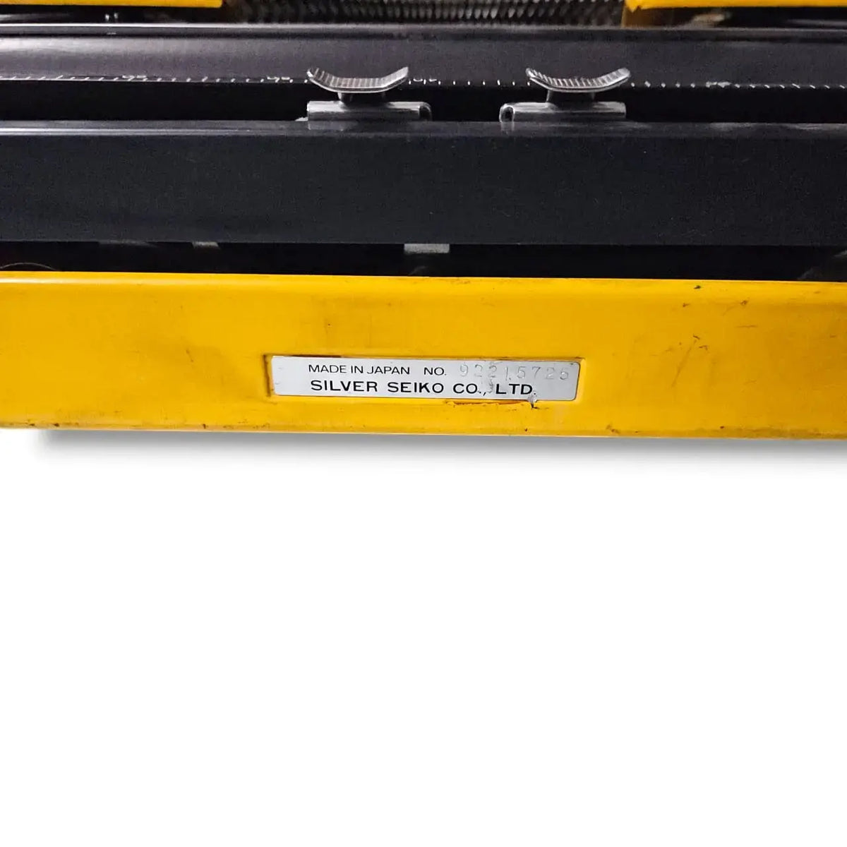 Close-up Silver Reed serial plate made in Japan, trusted typewriter seller RR Typewriter Mart
