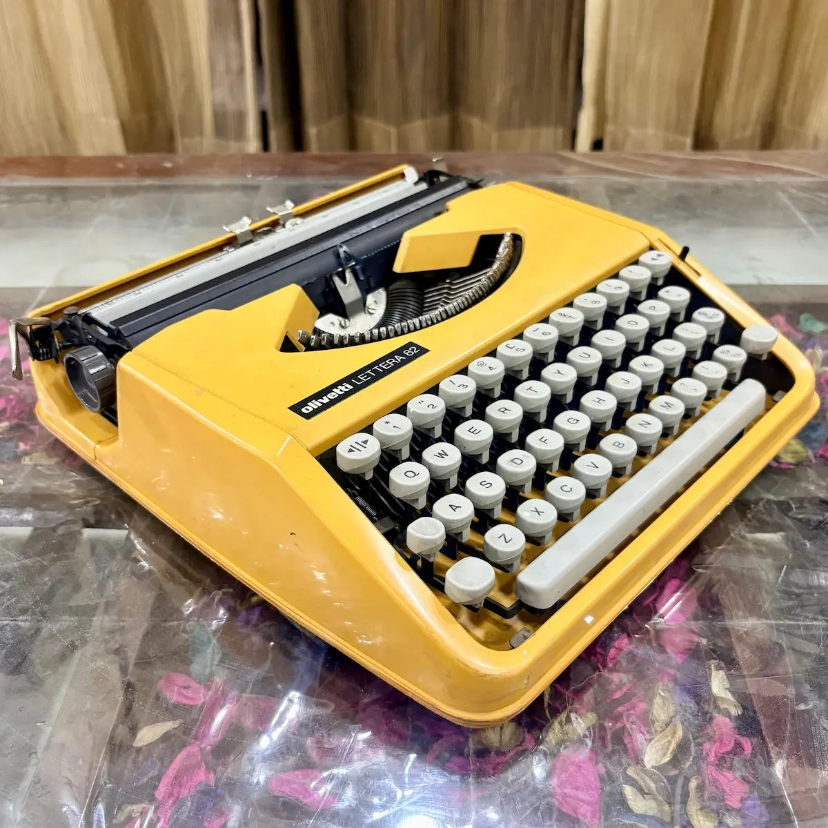 Close-up of the Olivetti Lettera 82 carriage and platen, showing mechanical details at RR Typewriter Mart