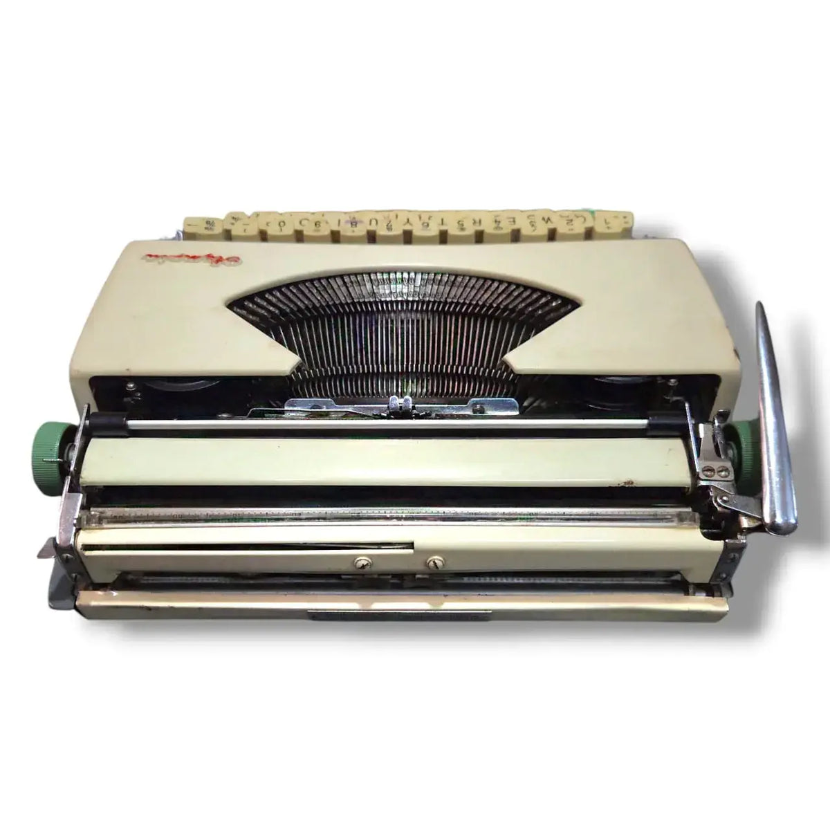 Back view Olympia manual English typing machine with exposed carriage from RR Typewriter Mart seller