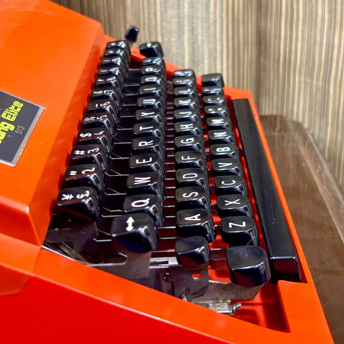 Vintage Brother Young Elite 513 portable typewriter, detailed view of typebars and internal mechanical components | RR Typewriter Mart