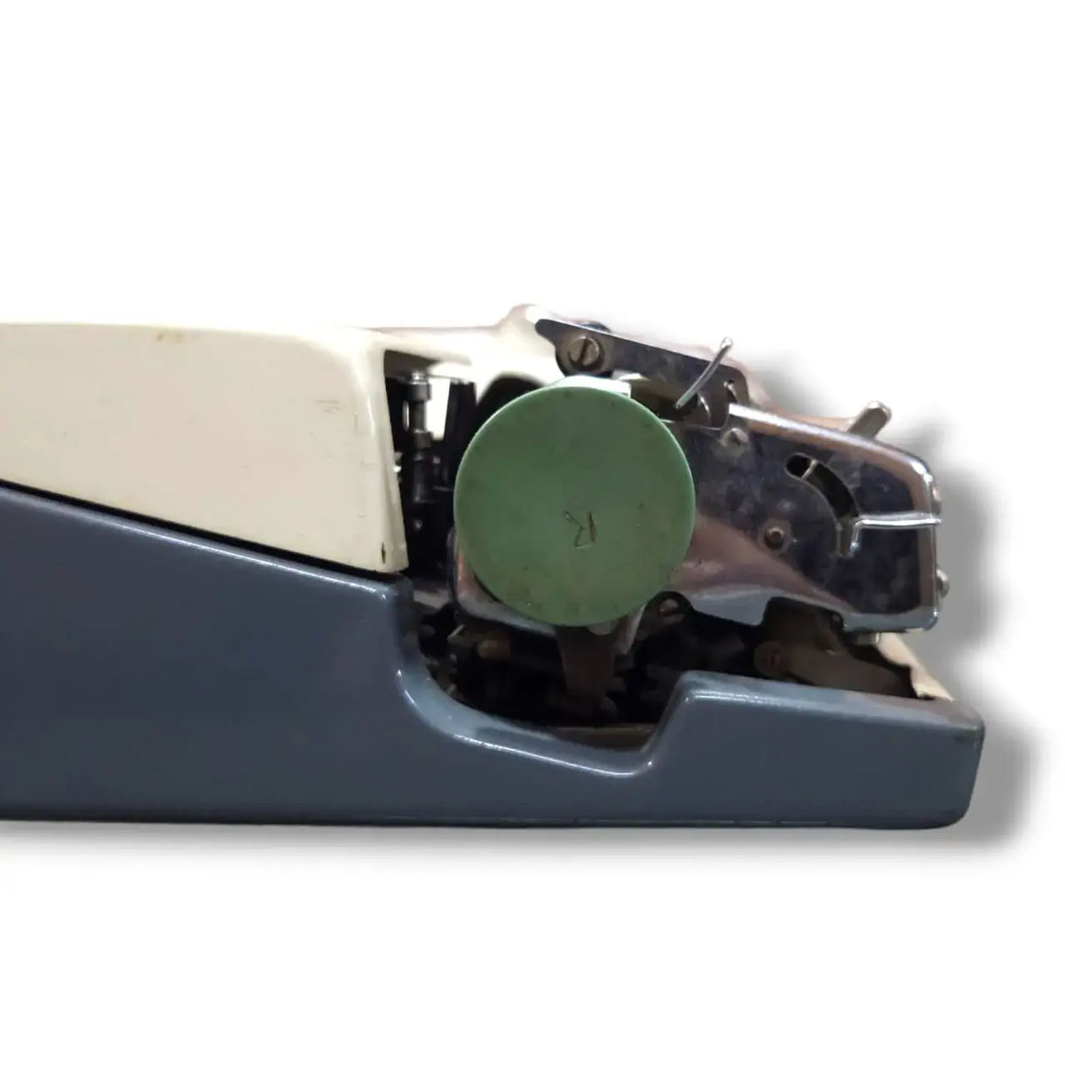 Close-up rear mechanism of Olympia manual English portable typewriter from RR Typewriter Mart store