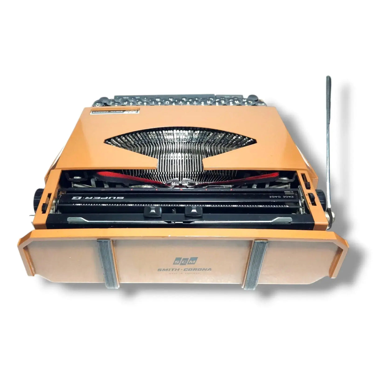Smith Corona Super G portable typing machine side profile at RR Typewriter Mart typewriter shop