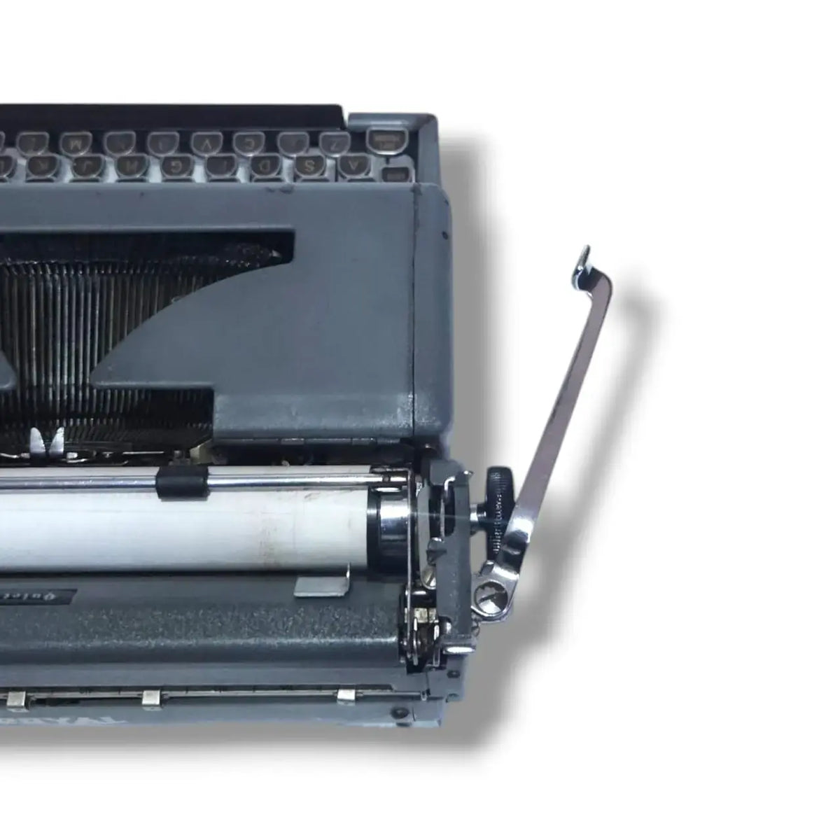 Three-quarter view Royal portable typewriter in grey – buy vintage typing machine RR Mart
