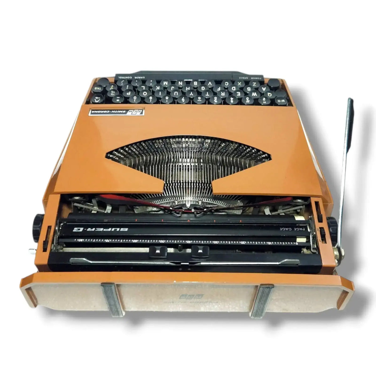 Retro Smith Corona typewriter low angle view manual English typing machine for writers
