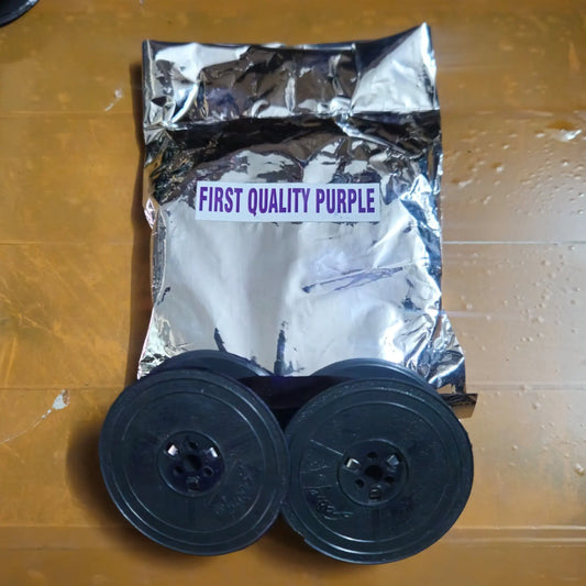 Purple manual typewriter ribbon with packaging and spools, RR Typewriter Mart typewriter ribbon seller India