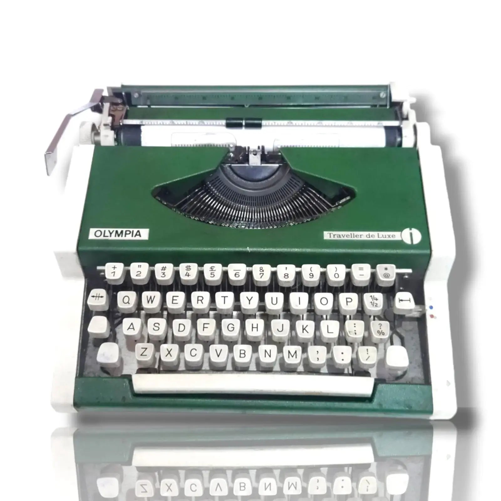 Front view of Olympia German portable typewriter with English keyboard, classic green typing machine by RR Typewriter Mart