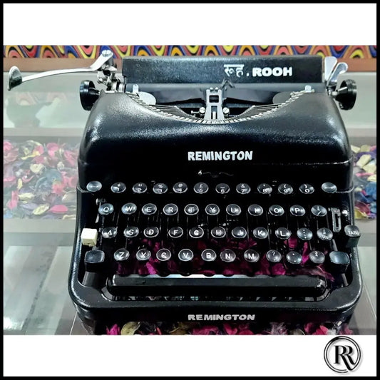 Front view of black Remington Typewriter, Manual English typing machine at RR Typewriter Mart typewriter shop