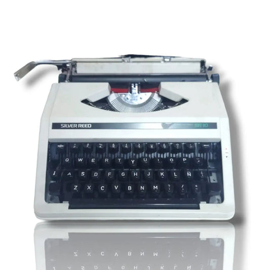 Silver Reed SR10 manual English typewriter in ivory white from RR Typewriter Mart typewriter store