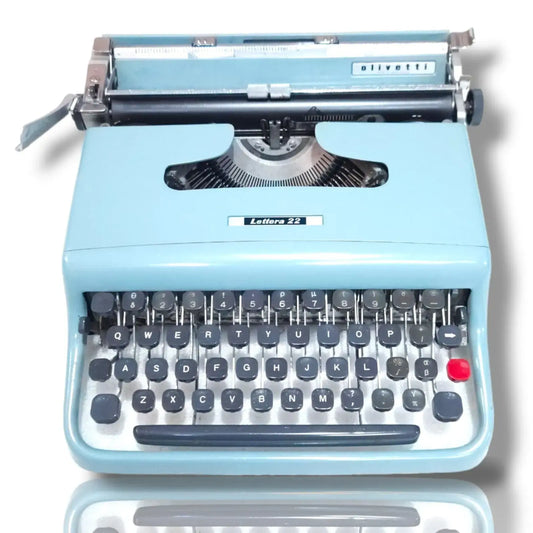 Sky blue Olivetti Lettera 22 manual English typewriter by RR Typewriter Mart imported typewriter store