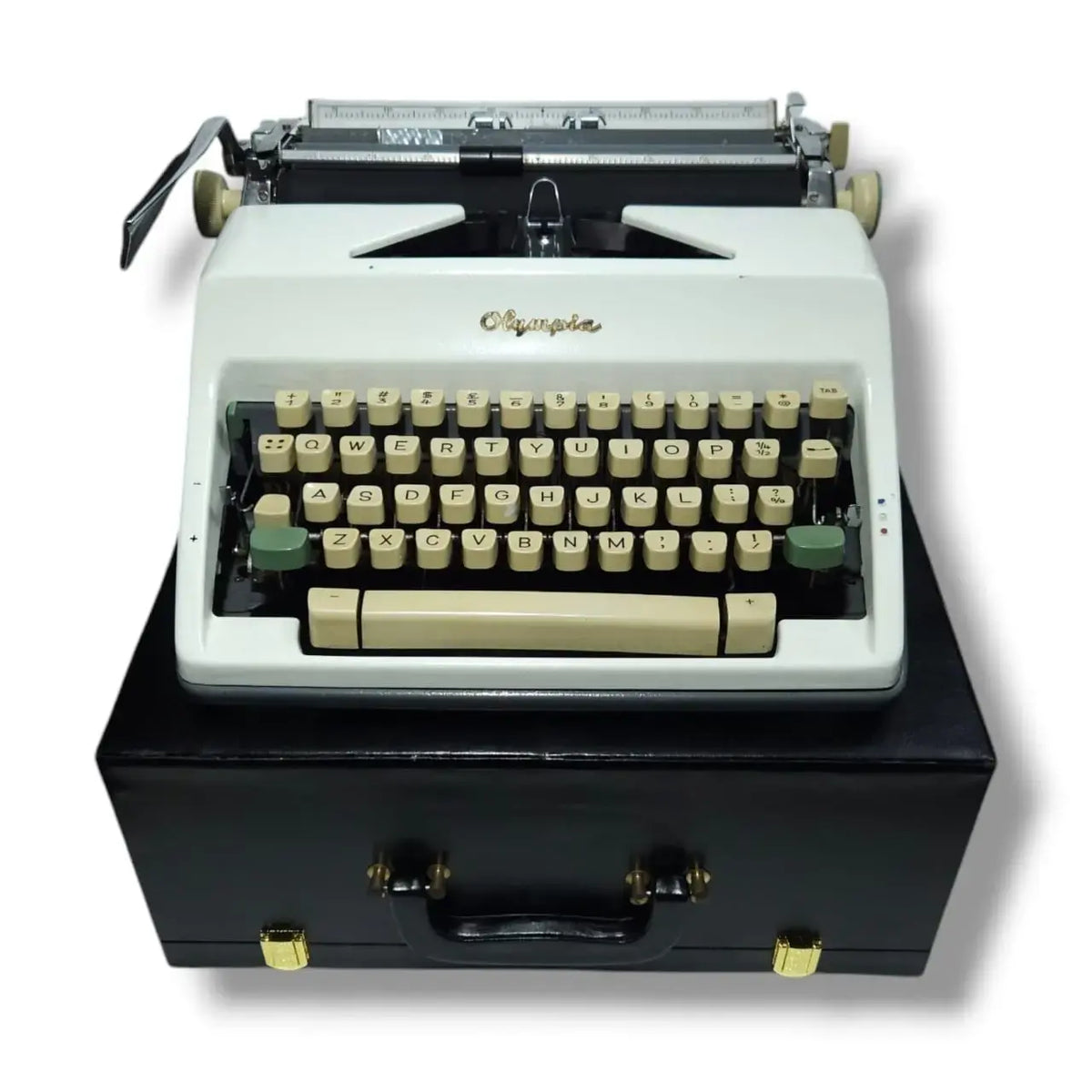 Ivory white Olympia typewriter on black case, manual English typing machine at RR Typewriter Mart store