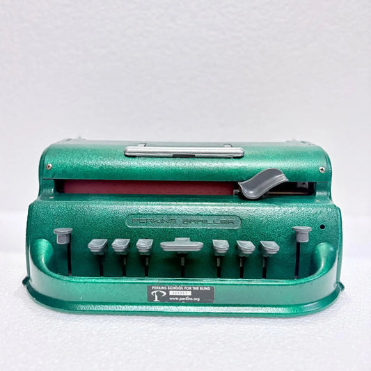Front view of Emerald Green Perkins Braille Typewriter, manual Braille typing machine by RR Typewriter Mart