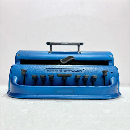 Front view of Deep Blue Perkins Braille Typewriter, manual Braille typing machine by RR Typewriter Mart