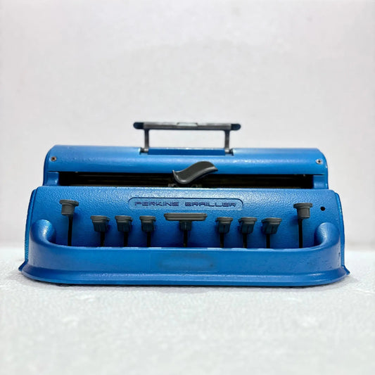 Front view of Deep Blue Perkins Braille Typewriter, manual Braille typing machine by RR Typewriter Mart