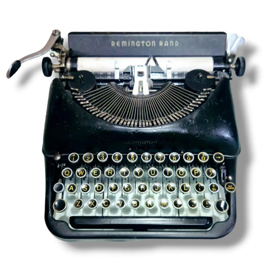 Front view of Remington Rand Deluxe Model 5 Manual English Typewriter by RR Typewriter Mart, imported typing machine