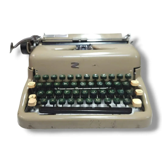 Beige Zeta portable Manual English Typewriter with green keys by RR Typewriter Mart typewriter shop
