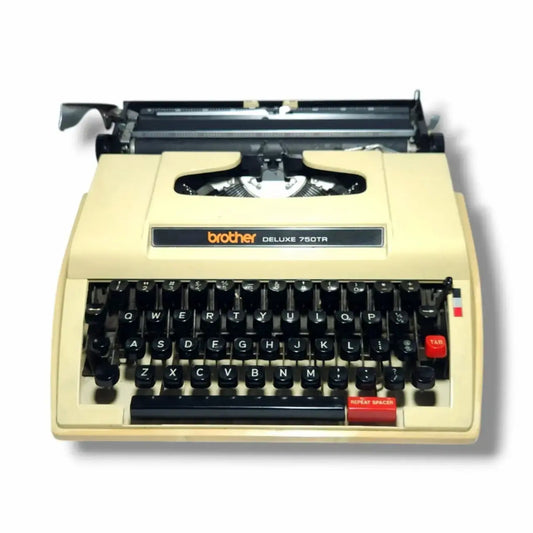Front view of Brother 750 TR manual typewriter with English keyboard, portable design for daily writing