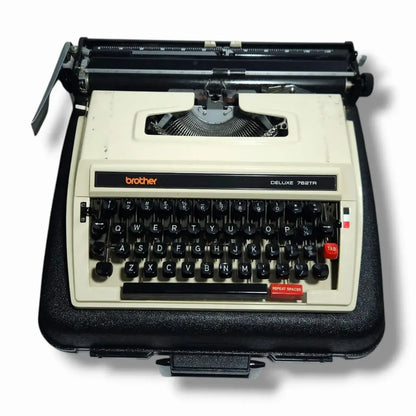 Brother Deluxe 762 TR manual English typewriter with black carry case, vintage typing machine from RR Typewriter Mart