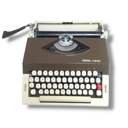 Royal Safari portable typewriter with vintage mechanical keyboard and retro brown beige design