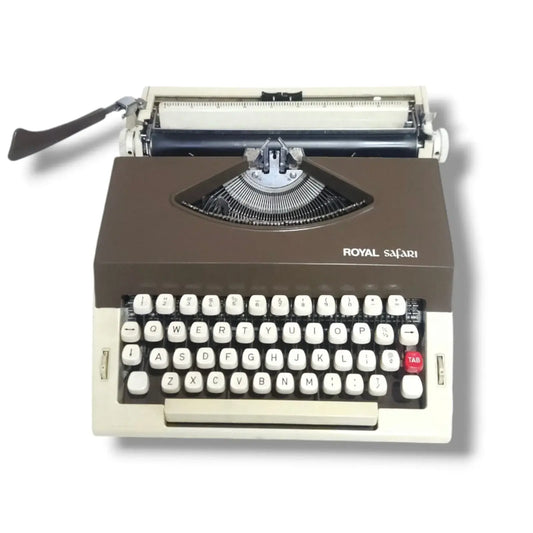 Royal Safari portable typewriter with vintage mechanical keyboard and retro brown beige design