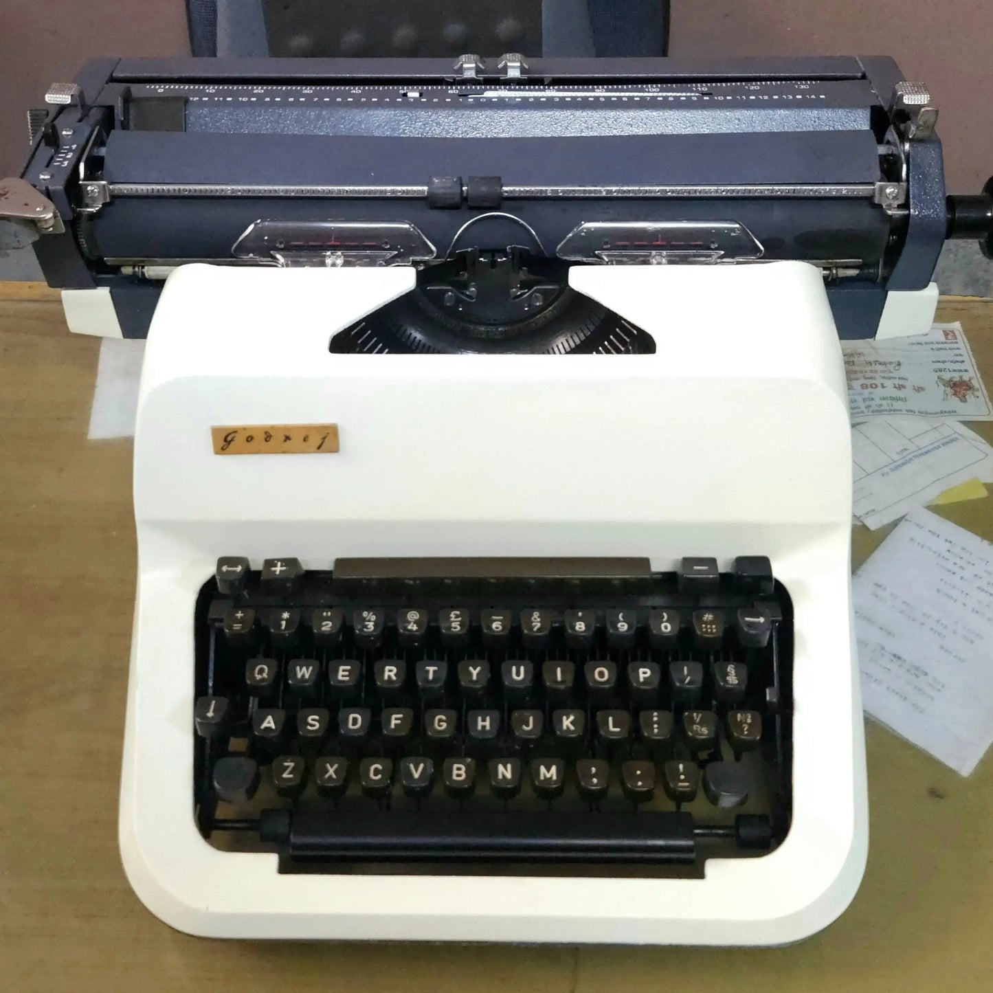 Godrej PB Standard English manual typewriter front view with original white body at RR Typewriter Mart