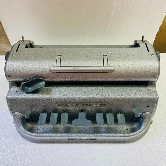 Silver Perkins Braille Typewriter front view, manual braille typing machine from RR Typewriter Mart India