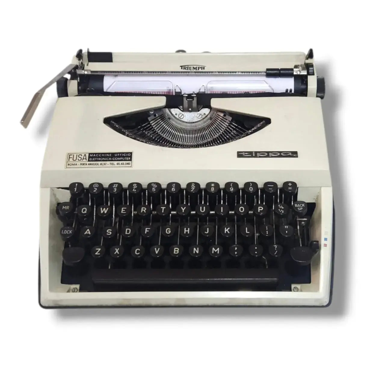Adler Tippa Triumph portable typewriter front view with cream body, black English keyboard and exposed typebars