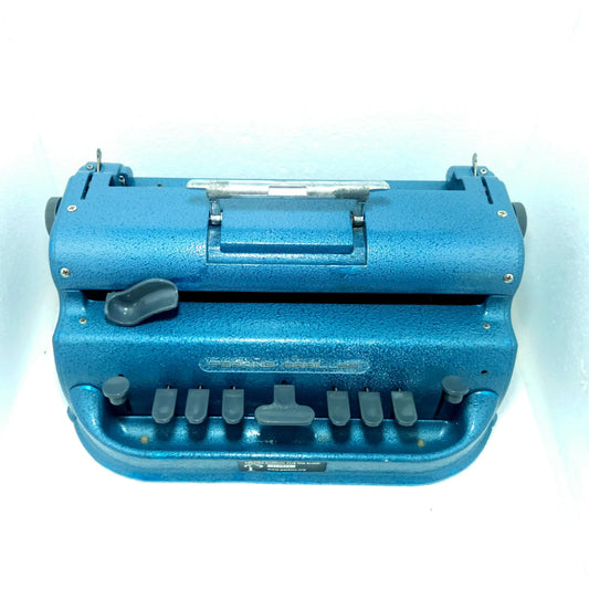 Blue Perkins Braille Typewriter front view, manual braille typing machine by RR Typewriter Mart, buy braille typewriter