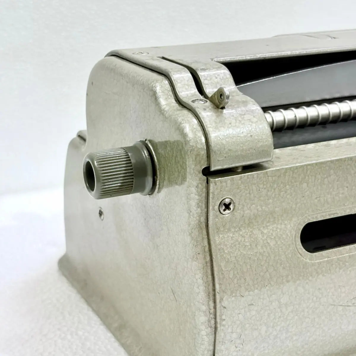 Perkins Braille Typewriter with factory-original textured paint, authentic American import status and classic mechanical design from RR Typewriter Mart