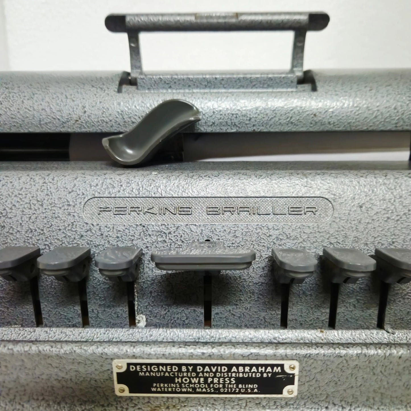 Close-up of Perkins Braille Typewriter ergonomic braille keys for smooth, precise typing | Made in USA