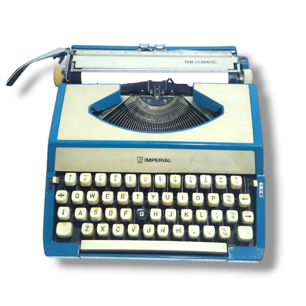 Blue Imperial Typewriter portable typing machine for sale at RR Typewriter Mart typewriter store