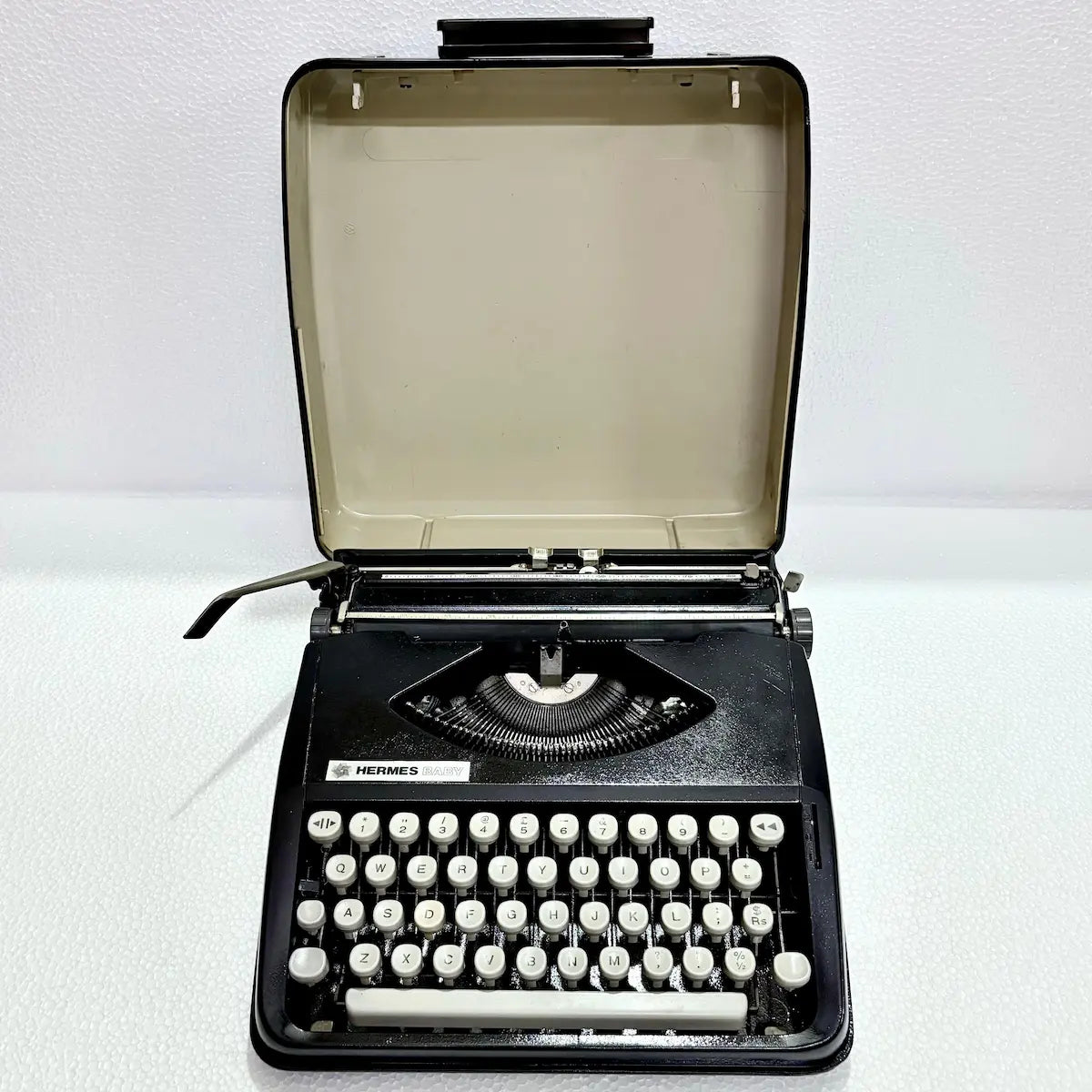 Hermes Baby Black Shadow manual English typewriter, portable typing machine, RR Typewriter Mart for collectors