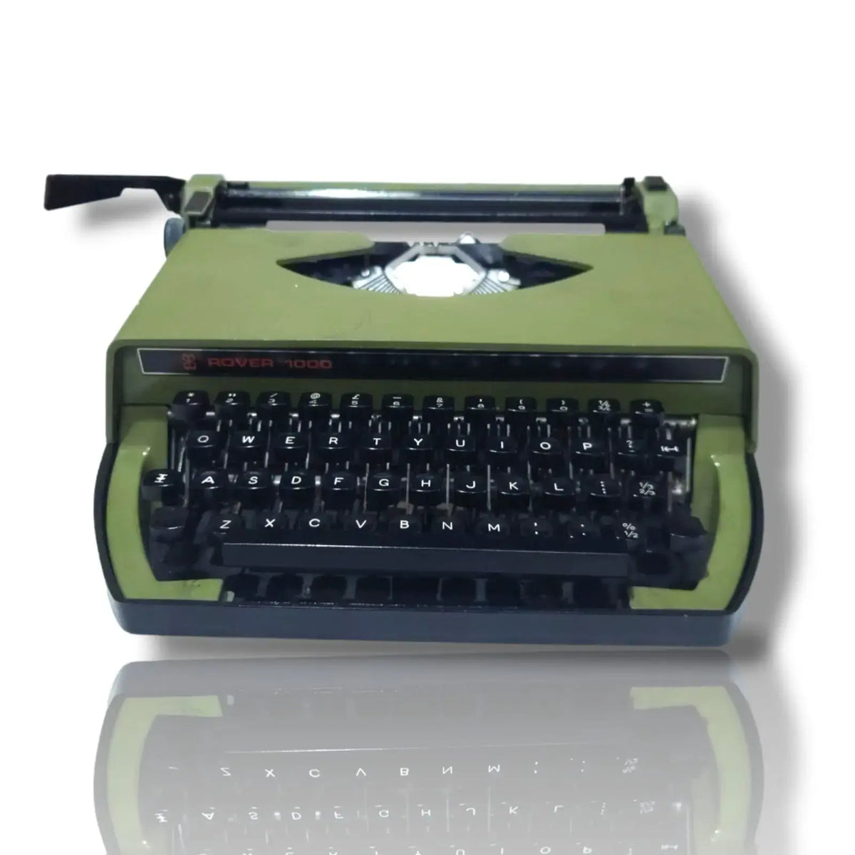 Front top view of Rover 1000 portable typewriter, imported manual English typing machine from RR Typewriter Mart