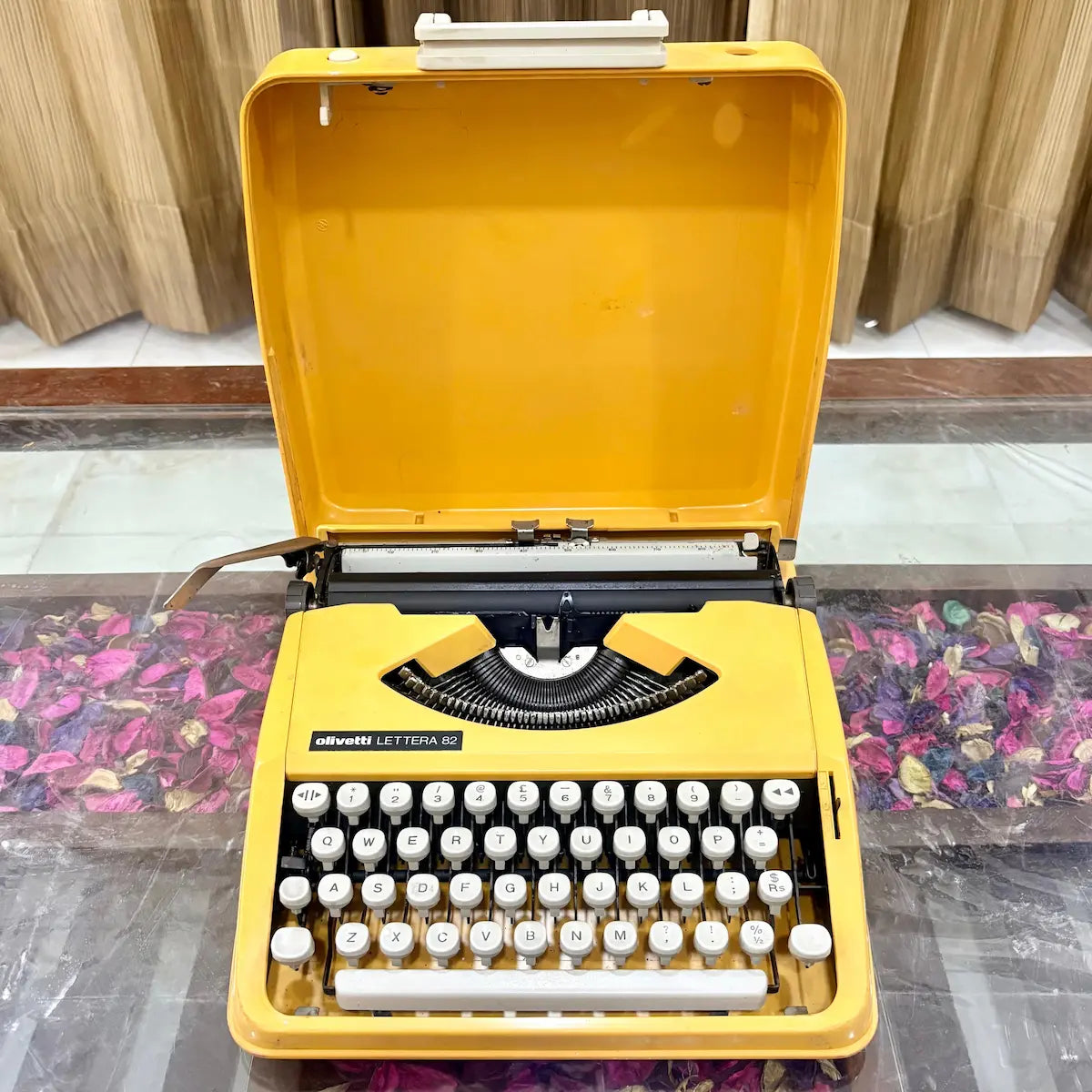 Olivetti Lettera 82 yellow typewriter with open case and white keys, vintage portable typewriter at RR Typewriter Mart