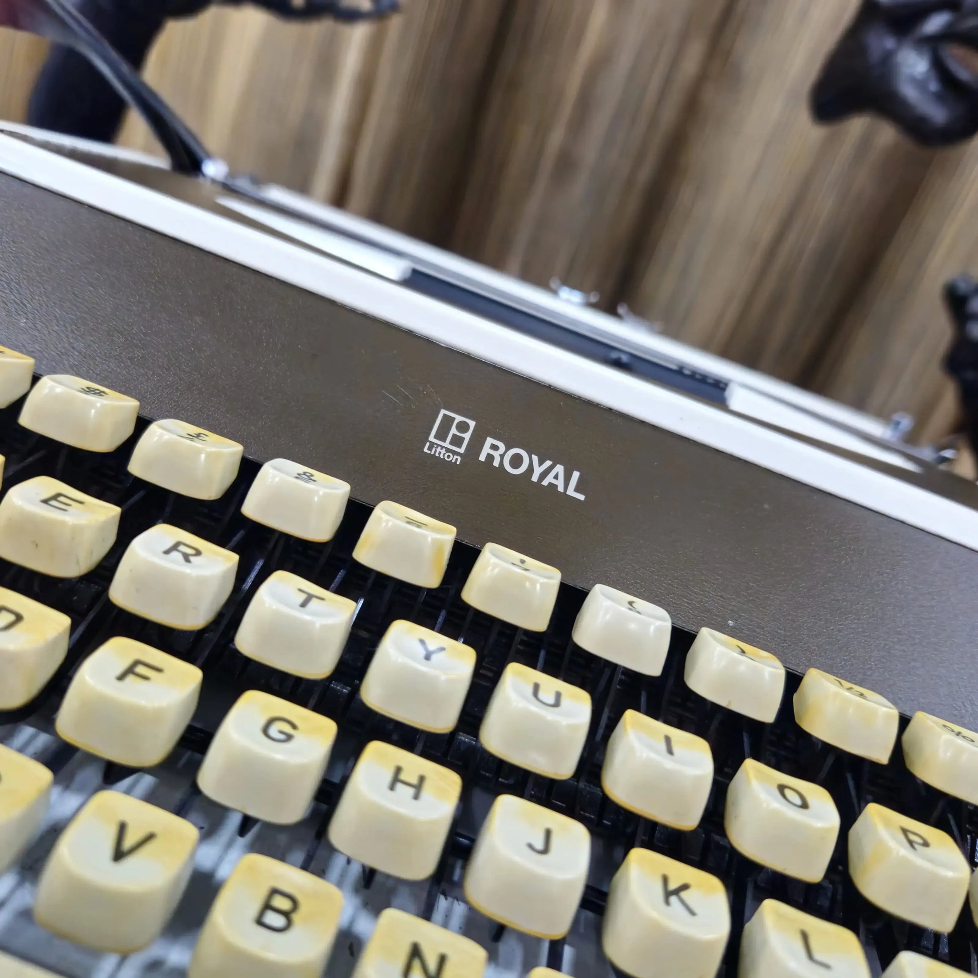 Close-up Royal typing machine keys and logo, Manual English Typewriter at RR Typewriter Mart store