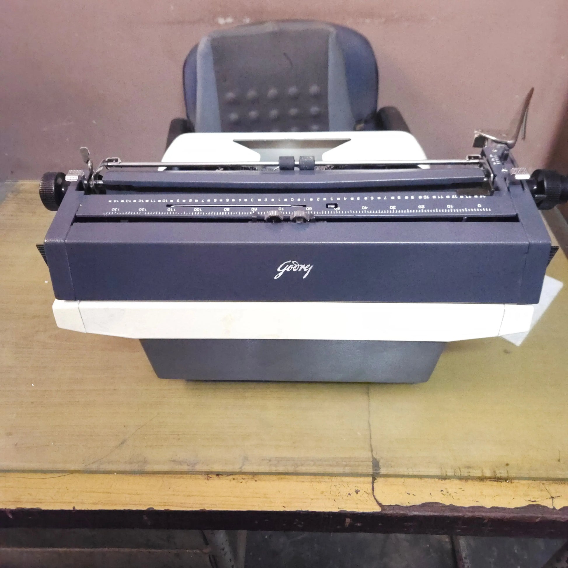 Rear view of Godrej PB Standard manual typewriter with original paint and carriage at RR Typewriter Mart