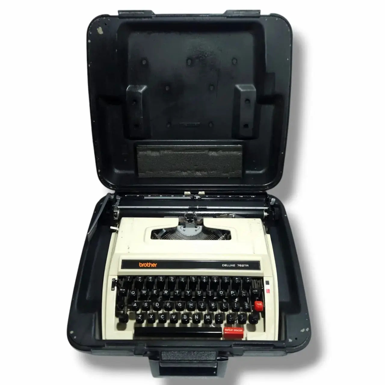 Brother Deluxe 762 TR imported typewriter inside open carry case, manual typing machine from RR Typewriter Mart