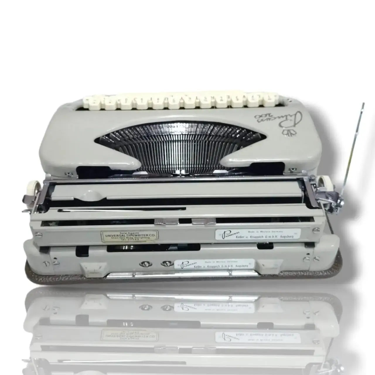 Rear view of Princess 100 German typewriter, portable manual typing machine from typewriter store