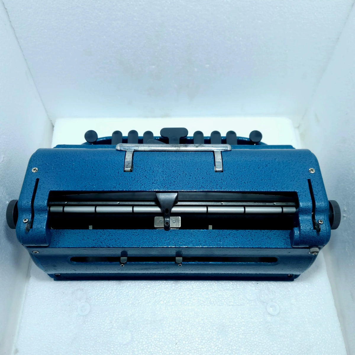 Rear view of Blue Perkins Braille Typewriter, manual braille typing machine, braille typewriter store RR Typewriter Mart