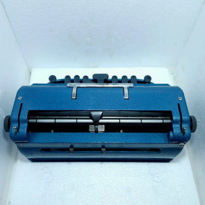 Rear view of Blue Perkins Braille Typewriter, manual braille typing machine, braille typewriter store RR Typewriter Mart