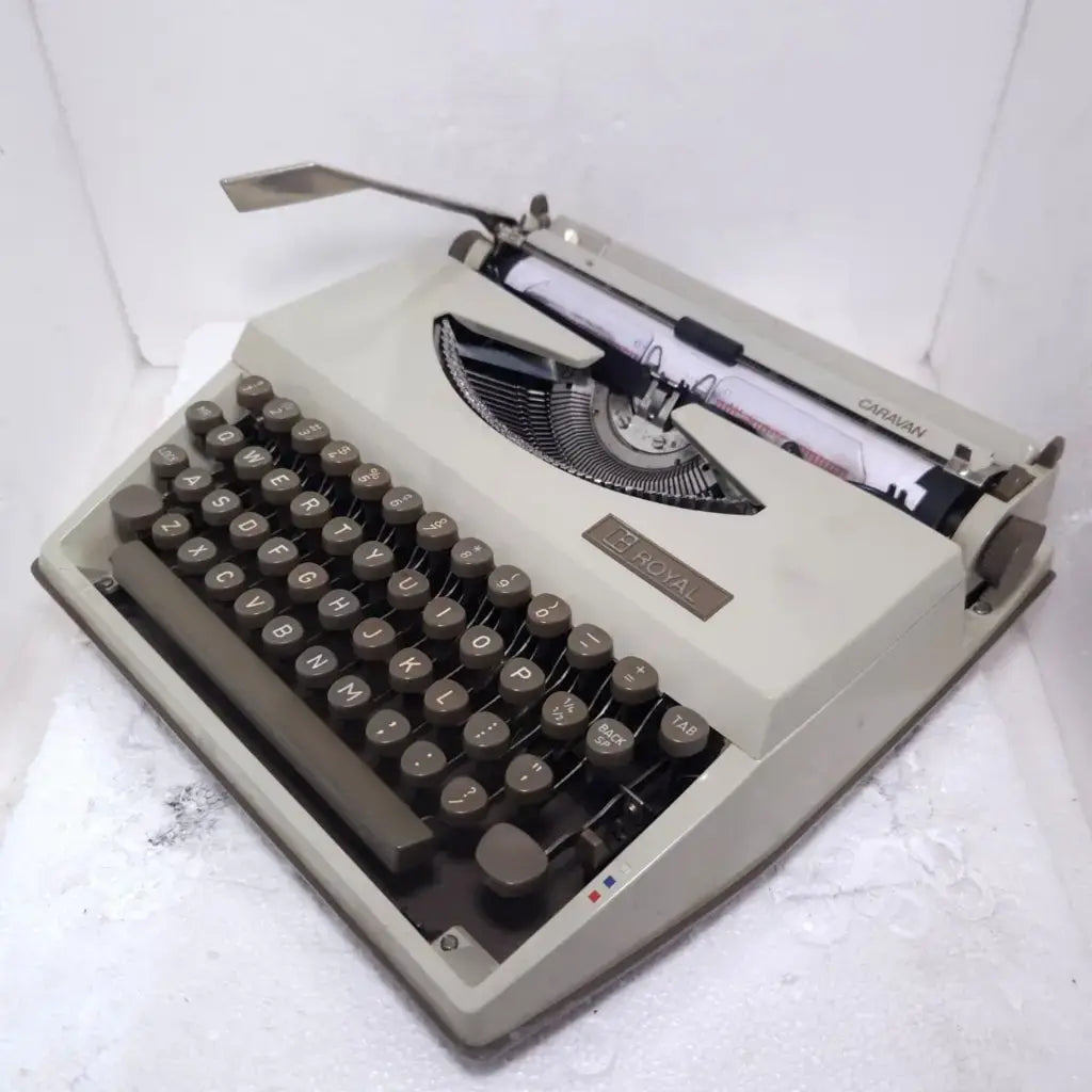 Angled Royal typing machine view at RR Typewriter Mart typewriter store for vintage writers