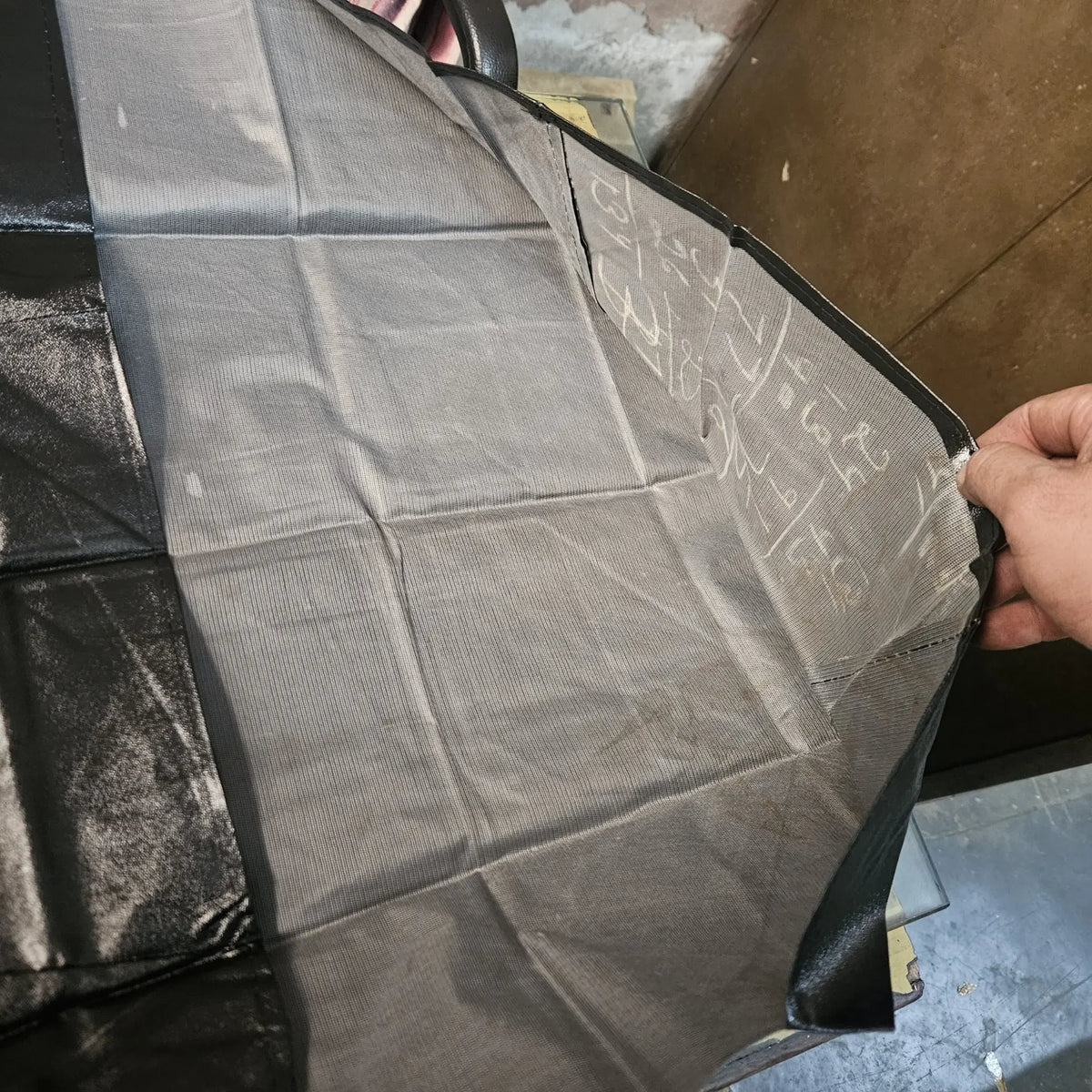 Interior view of brief typewriter dust cover showing reinforced lining for typing machine storage RR Typewriter Mart