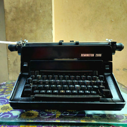 Low angle view of Remington Hindi typing machine, black Indian typewriter from RR Typewriter Mart