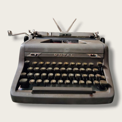 Low front angle of Royal Quiet De Luxe Manual English Typewriter from RR Typewriter Mart, imported typing machine