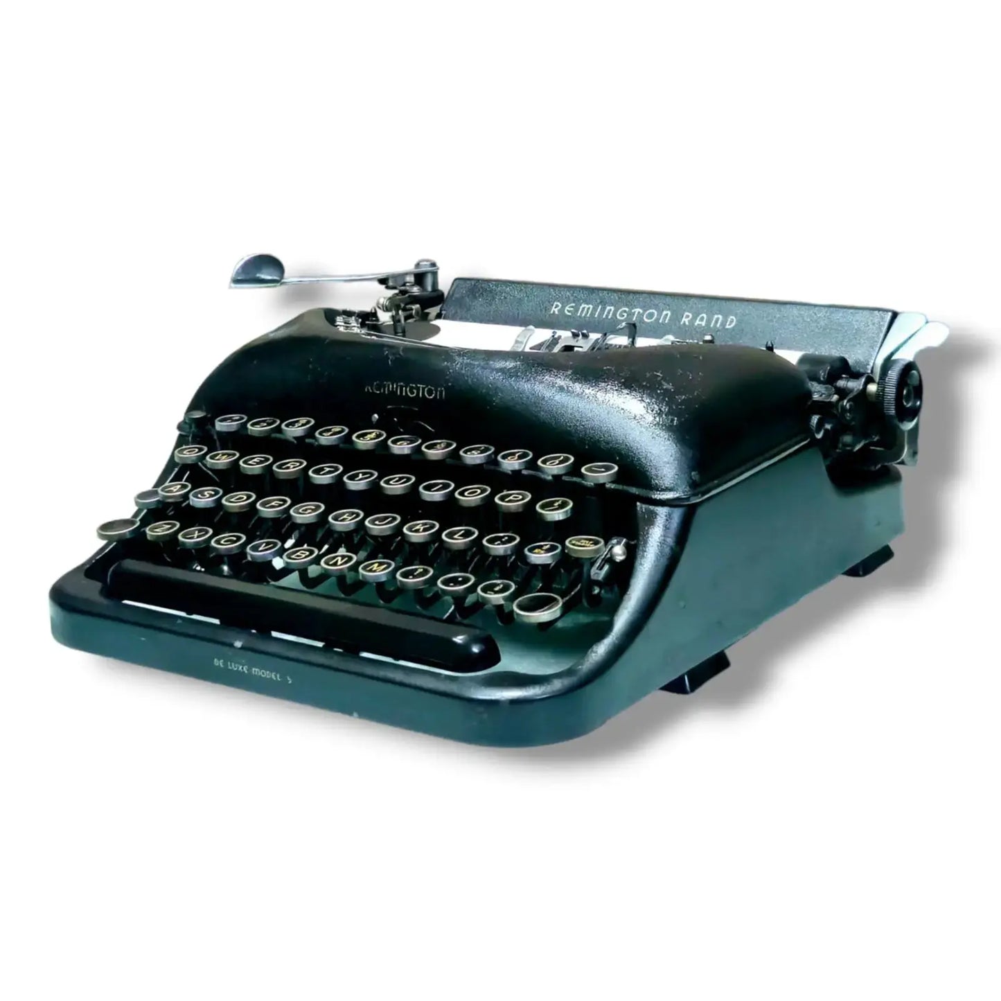 Front left angle of Remington Rand Deluxe Model 5 Royal typewriter at RR Typewriter Mart, portable typing machine