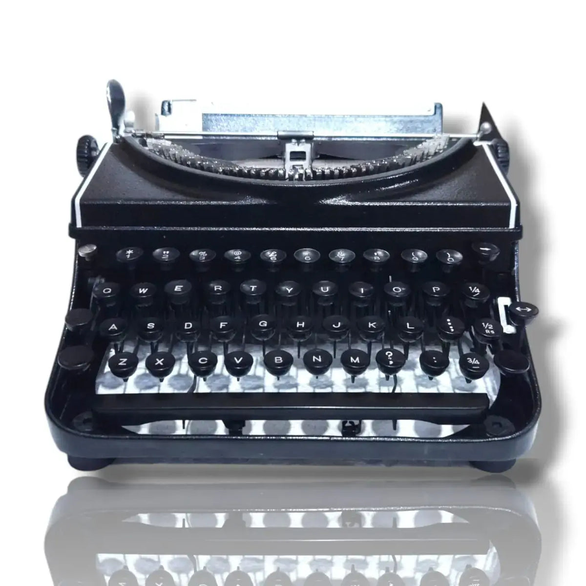 Front view of Remington 5 Portable Typewriter with classic keyboard and metal body