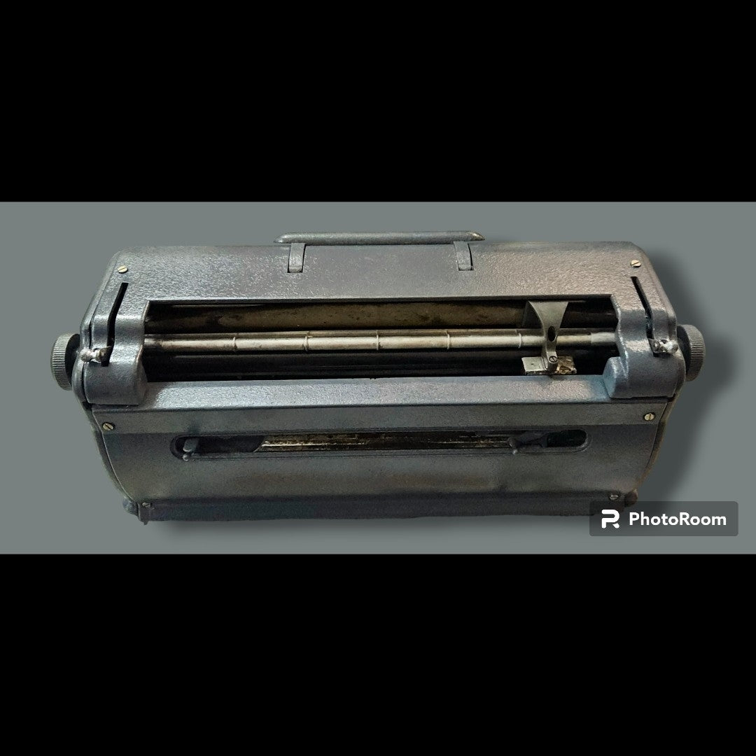 Rear view of imported Perkins Braille Typewriter showing carriage and paper feed, manual braille typewriter by RR Typewriter Mart