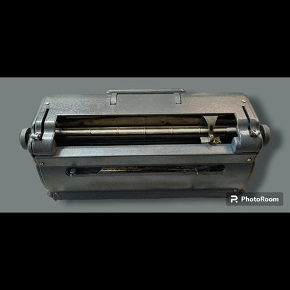 Rear view of imported Perkins Braille Typewriter showing carriage and paper feed, manual braille typewriter by RR Typewriter Mart