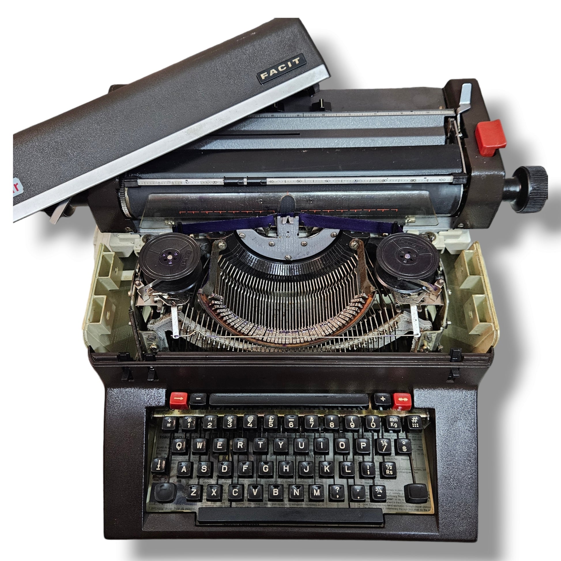 Facit English Typewriter with open cover showing typebars, Manual Facit Typewriter by RR Typewriter Mart